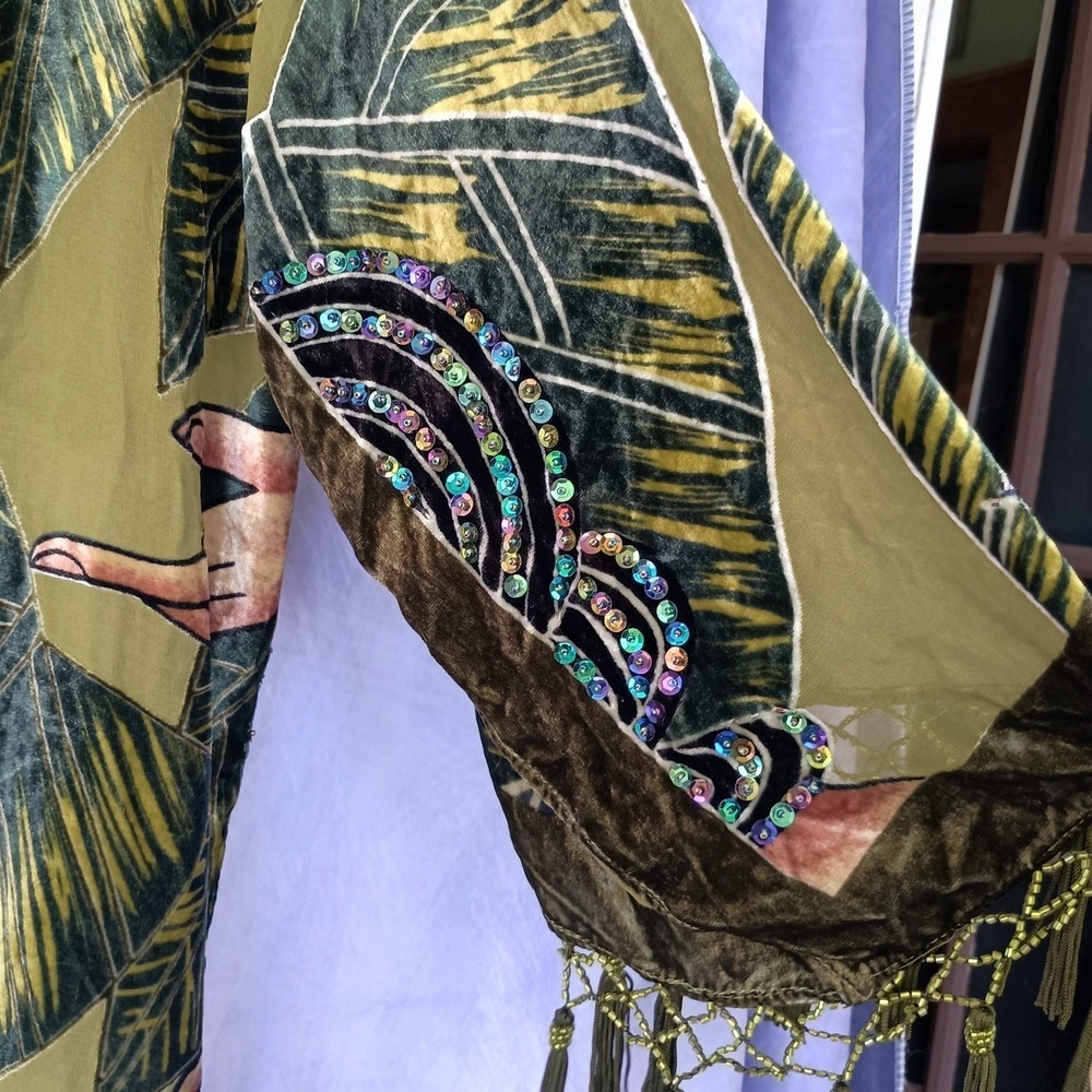 Chico's Vintage Olive Silk Velvet Burnout Tassel Beaded Kimono - Picture 5 of 11